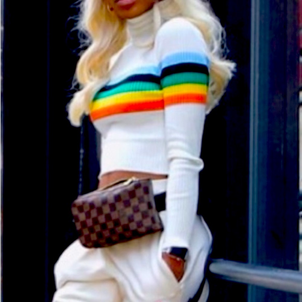 Stylish TurtleNeck Form Fitted Crop Rainbow Striped Rib Knit Long Sleeve Shirt